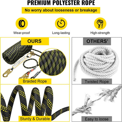 VEVOR Climbing Rope, Fall Protection Safety Rope, Vertical Tree Stand safety Rope Line Kit Safety Harness for Roofing Work with Alloy Steel Rope Grab, Two Snap Hooks, Shock Absorber