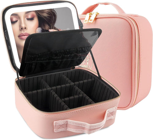 MOMIRA Travel Makeup Case with Large Lighted Mirror Partitionable Cosmetic Bag Professional Cosmetic Artist Organizer, Waterproof Portable, Accessories Case, Tools Case Pink