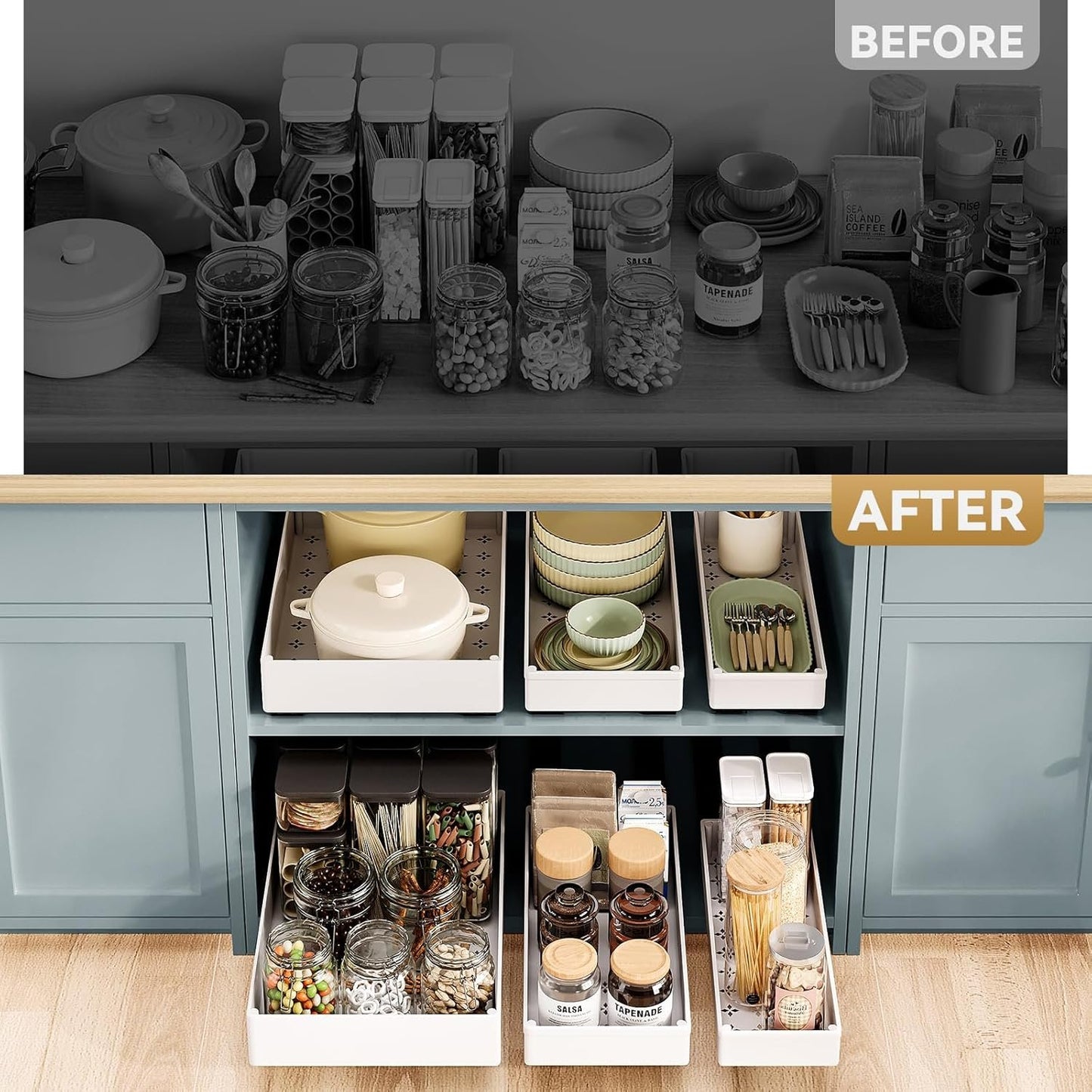 SOLEDI 3 Pack Pull Out Cabinet Organizer, Pull Out Drawers for Kitchen Cabinets, No Punch for Cupboard, Bathroom Cabinet Organizer, Pantry, Slide Out Drawers Shelf Storage (Cream White,3 Sizes)