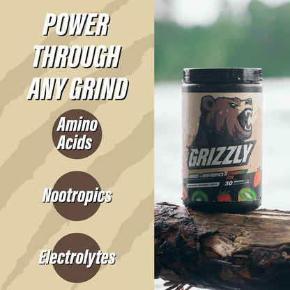 GRIZZLY AMINOS & NOOTROPICS STRAWBERRY KIWI, Endurance, Recovery, Focus, EAA, Amino Acids, Tyrosine