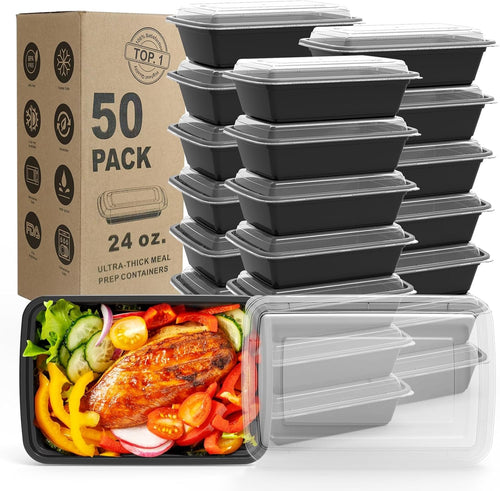 WGCC Meal Prep Containers, 50 Pack Extra-thick Food Storage Containers with Lids, Disposable Bento Box Reusable Plastic Bento Lunch Box, BPA Free, Stackable, Microwave/Dishwasher/Freezer Safe (24 oz)