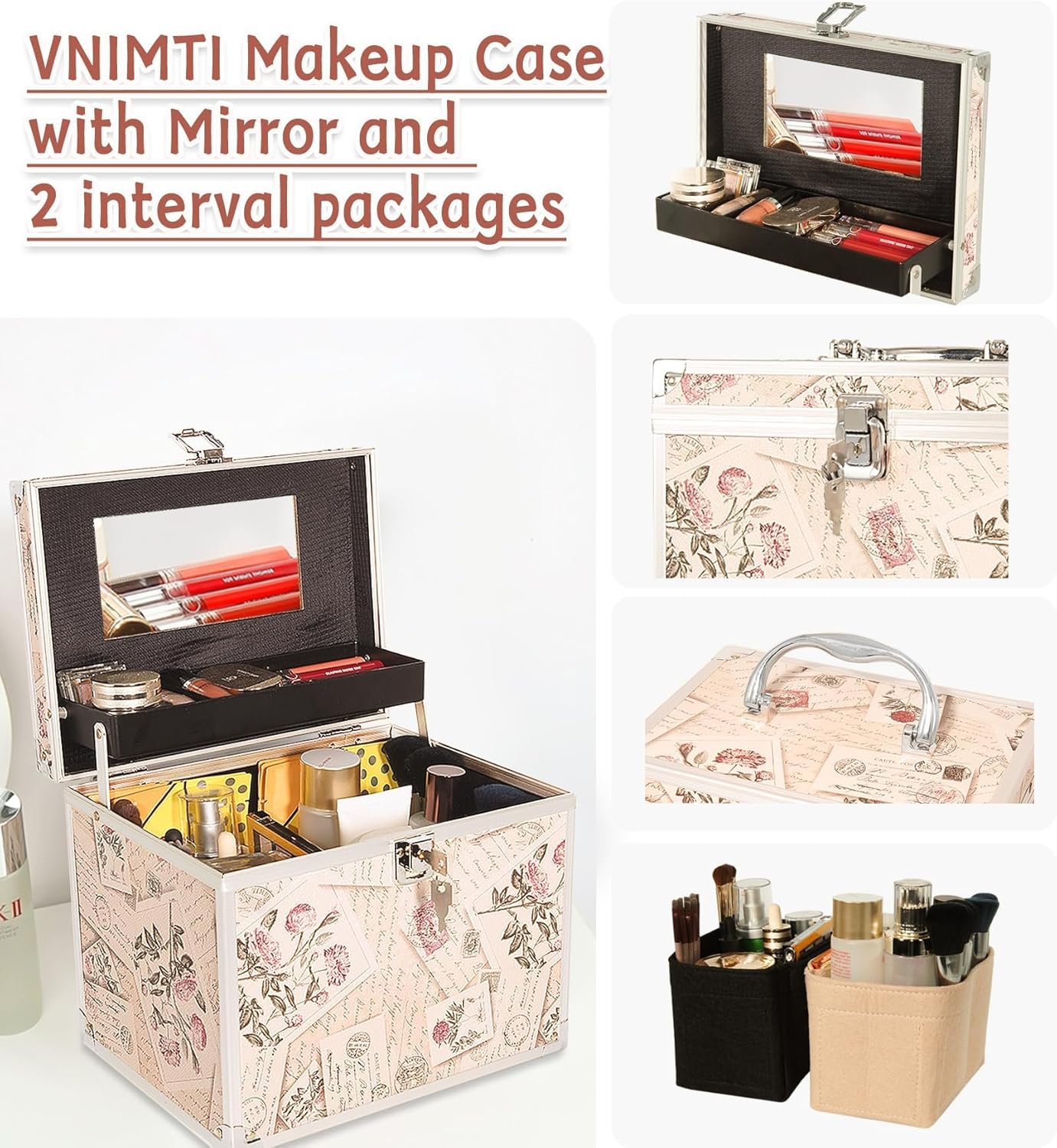 VNIMTI Portable Makeup Box, Vanity Case with Mirror, Cosmetic Storage Box with Trays, Makeup Box Organiser for Vanity, Travel Makeup Train Case (Retro Stamp - L)