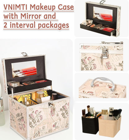 VNIMTI Portable Makeup Box, Vanity Case with Mirror, Cosmetic Storage Box with Trays, Makeup Box Organiser for Vanity, Travel Makeup Train Case (Retro Stamp - L)