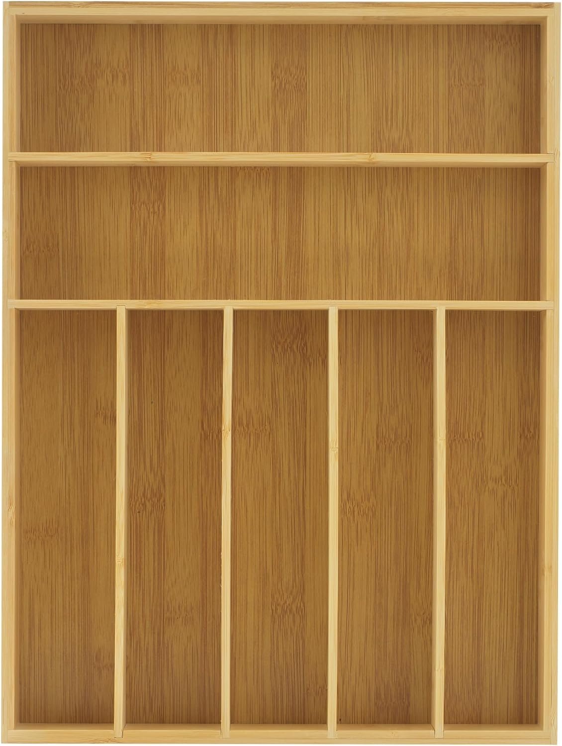 JoyJolt Bamboo 7-Compartment Silverware Organizer, Cutlery & Utensil Drawer Organizer, Ideal for Kitchen, Bathroom & Garage, Rustic Modern Style, Silver