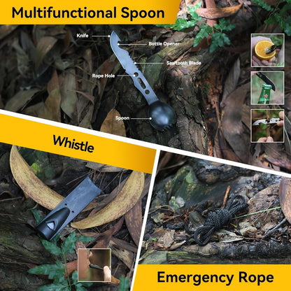 Graxury 14-in-1 Multi-Purpose Emergency Survival Kit & Camping Accessories, Flint, Multi-Purpose Card, Emergency Blanket, Flashlight and More for Camping, Fishing, Hunting