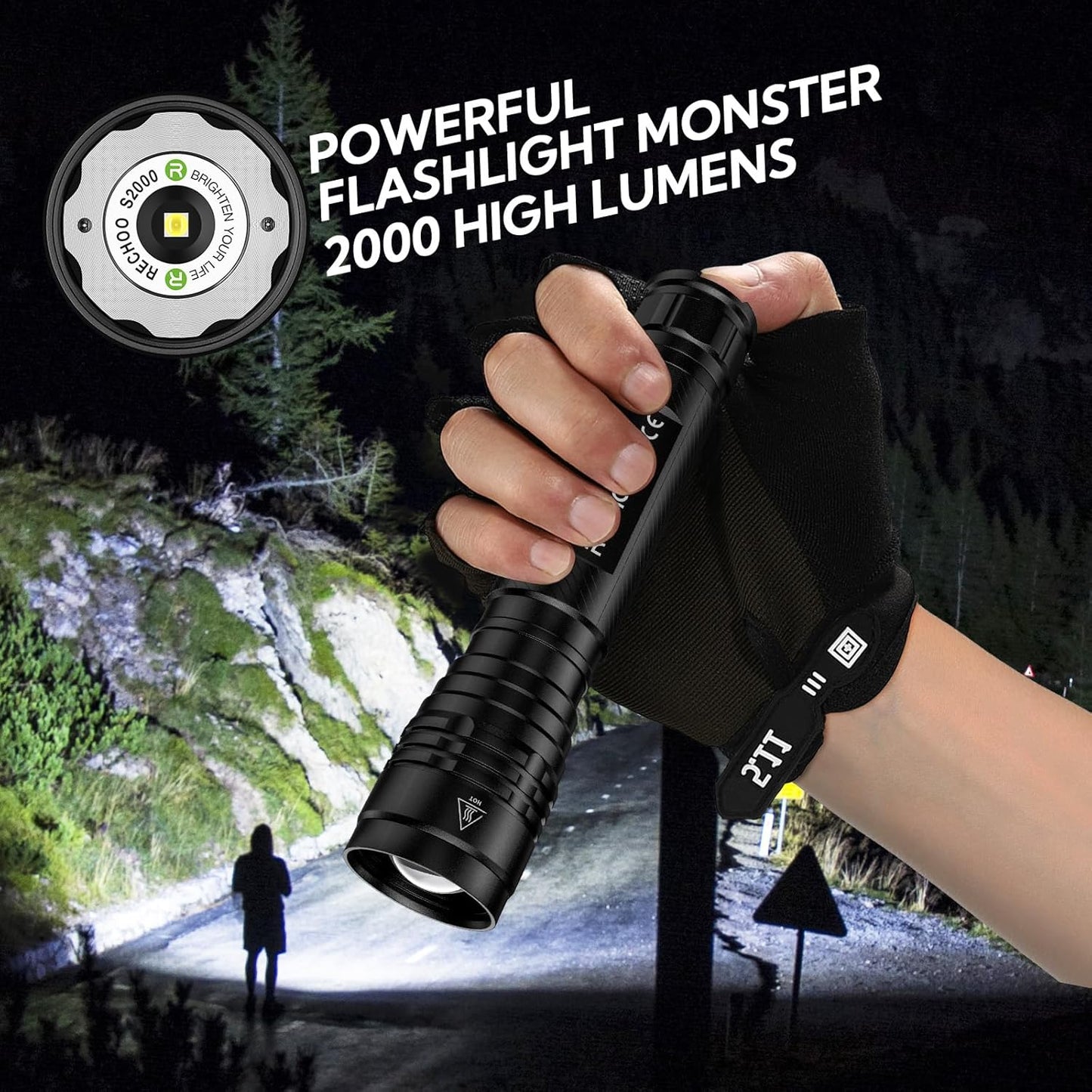 RECHOO S2000 LED Flashlight High Lumens, Super Bright, Powerful, Mid-Size Tactical Flashlight with 3 Modes, Zoomable, Water Resistant Flashlights for Home, Emergencies, Camping, Outdoor Use