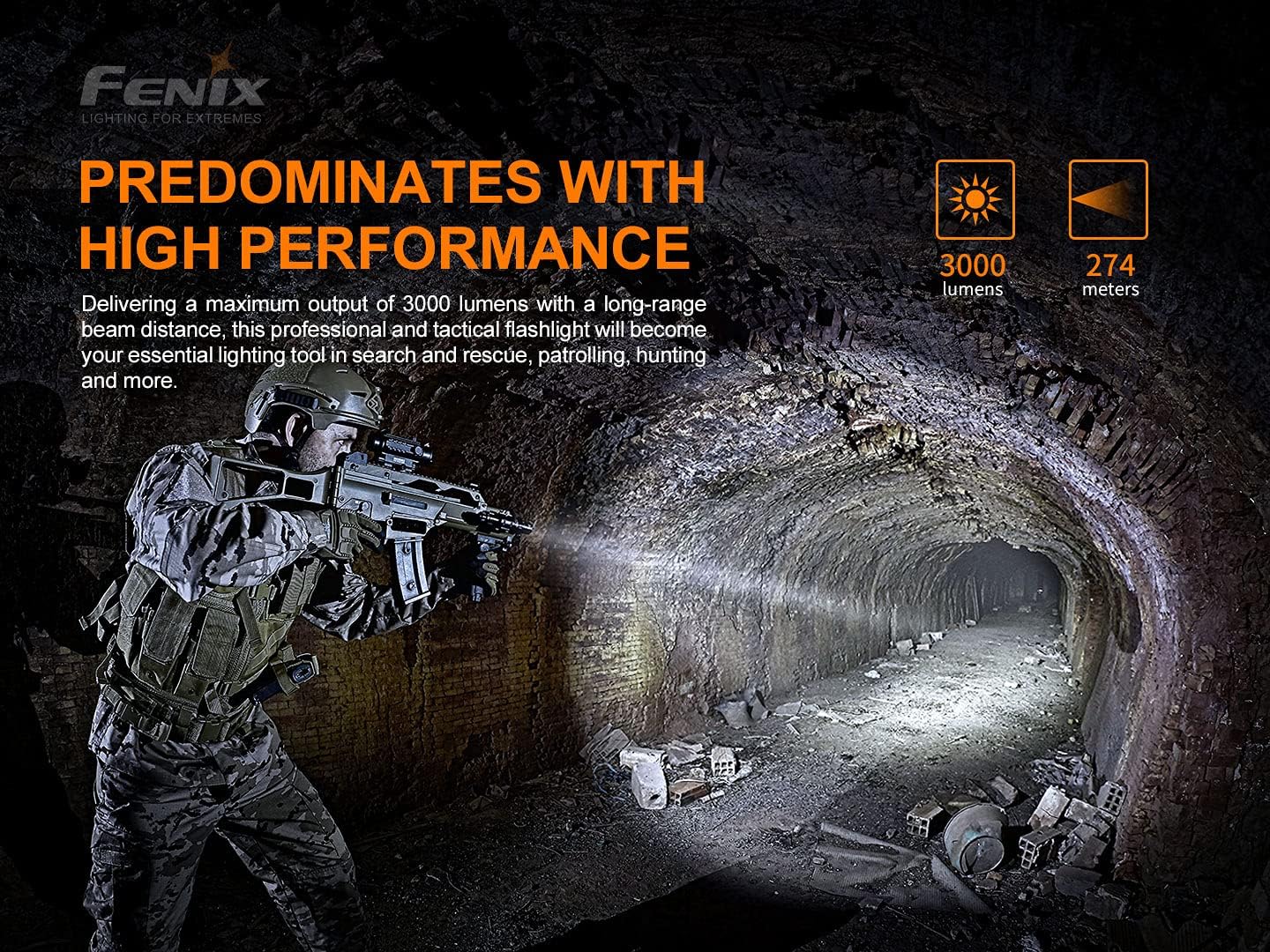 Fenix PD36 TAC 3000 Lumen Rechargeable Tactical Flashlight with 274m Beam & Up to 160hr Runtime – IP68 Waterproof LED Torch with 6 Brightness Levels USB-C Rechargeable Searchlight