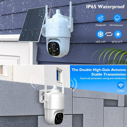 Solar Security Cameras Wireless Outdoor, 2K 3MP Pan Tilt 355° View IP65 Waterproof Rechargeable Battery Powered PTZ WiFi Camera with PIR, Color Night Vision,2-Way Talk,Cloud/SD
