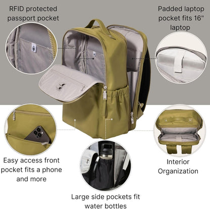 Baggallini Tribeca Expandable Travel Laptop Backpack Water-Resistant Nylon Work Bag w/Organization, Padded Sleeve & RFID Tech, Sage Twill, One Size