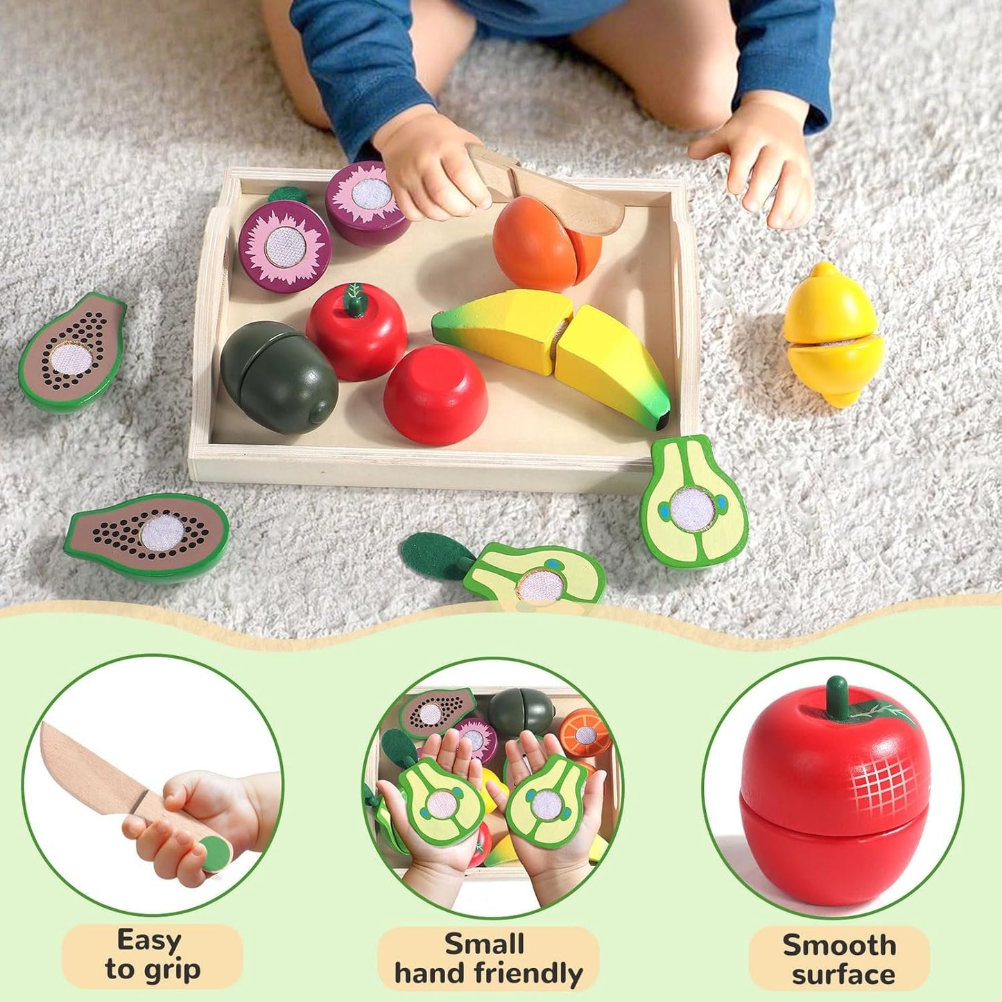 Wooden Play Food Montessori Toys for 2 3 4 Year Old Girls Boys Cutting Fruits Pretend Play Kitchen Accessories Toddlers Educational Kids Toys Birthday Gifts for 2 3 4 5 Year Old Boy Girl