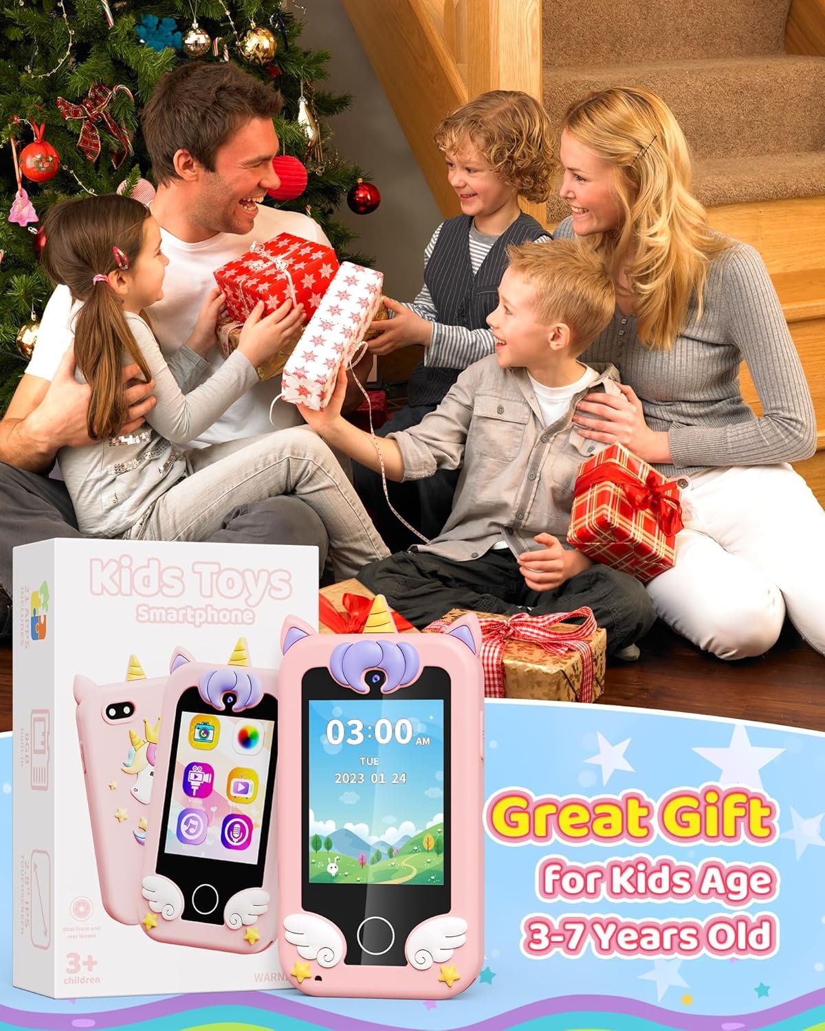 Kids Toy Smartphone, Gifts and Toys for Girls Boys Ages 3-8 Years Old, Fake Play Unicorn Toy Phone with Music Player Dual Camera Puzzle Games Touchscreen, Birthday, Kids Trip Activity