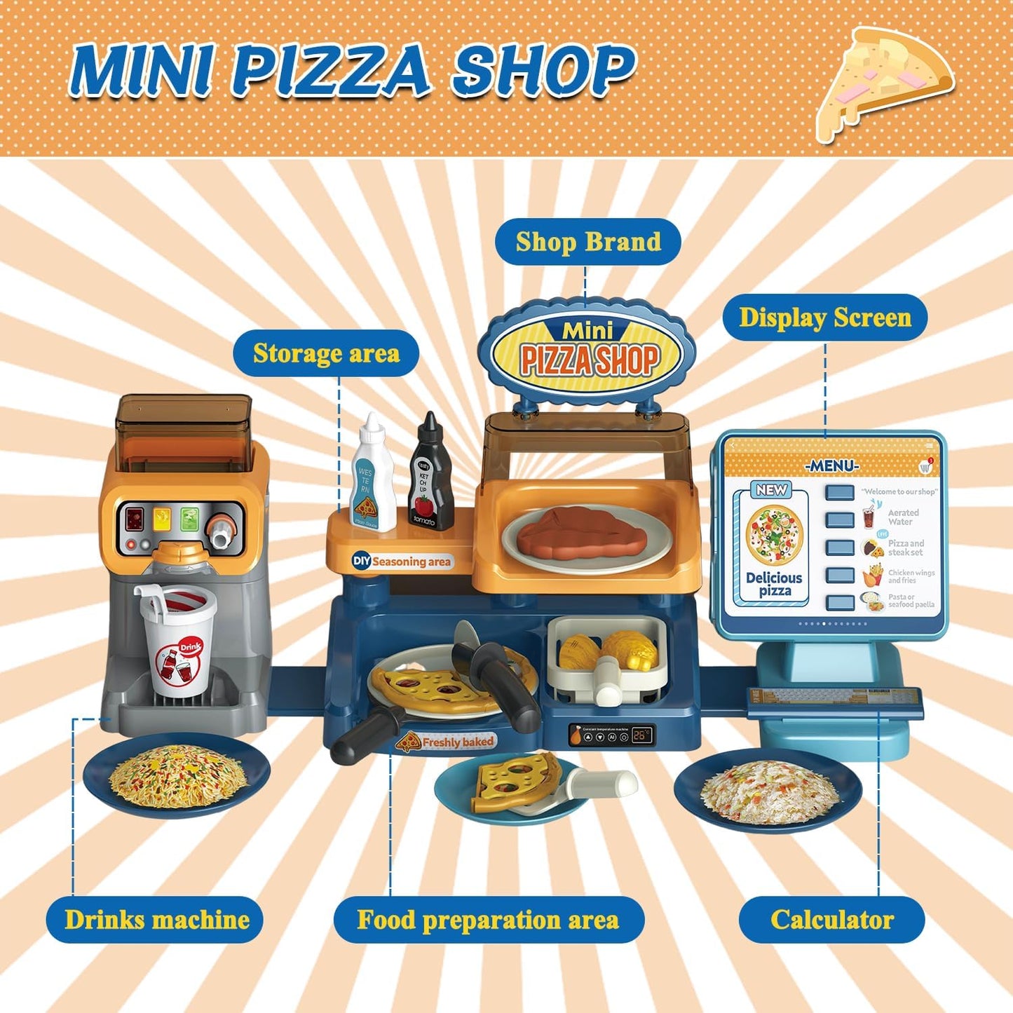 fisca Pretend Play Store 35 Piece Pizza Play Set with Cash Register for Preschool Kids Pretend Role Play Toy Pizza Shop Kids Playset 3+