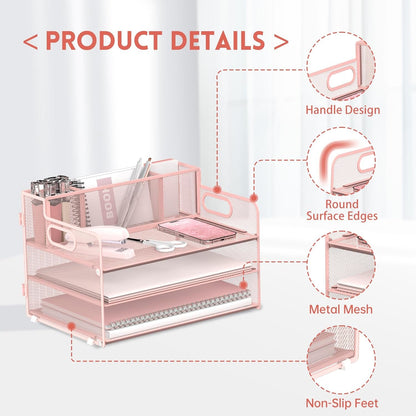 JMHUD 3-Tier Paper Letter Tray Organizer with Pen Holder, Mesh Desk Accessories & Workspace Organizers with Handle, File Sorter Office Supplies for Desk,Pink
