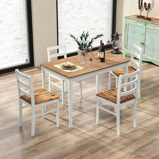 COSTWAY Dining Table Set for 4, Wood Kitchen Table Chairs Set with Rubber Wood Legs, Space-Saving Design, Modern 5-Piece Dinette Set for Small Place, Kitchen, Dining Room, Restaurant (Brown)