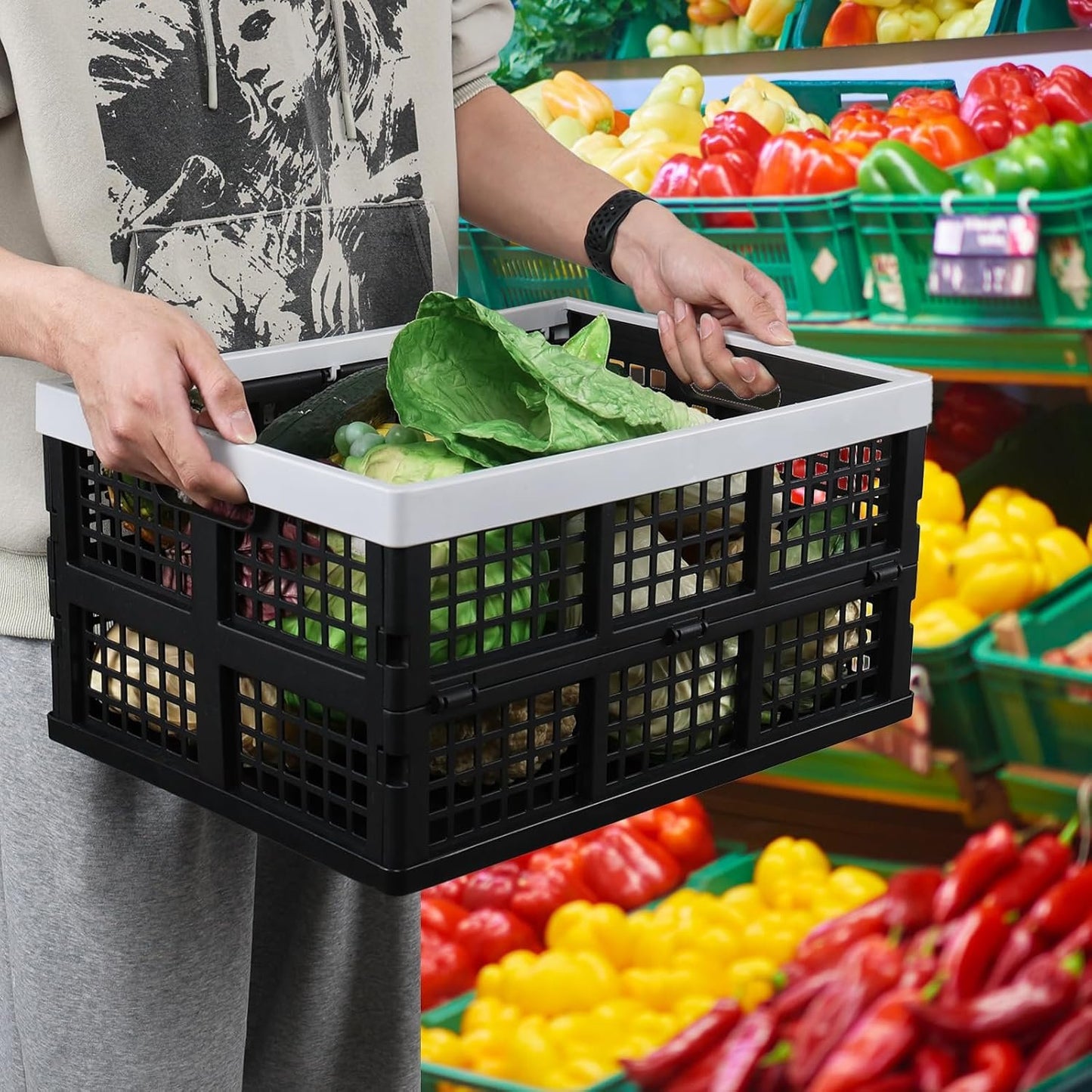 Oymlclivisa 34 L Collapsible Storage Crates, Folding Storage Crate, Plastic Storage Baskets for Grocery, Clothes, Toys, Books, 3 Packs