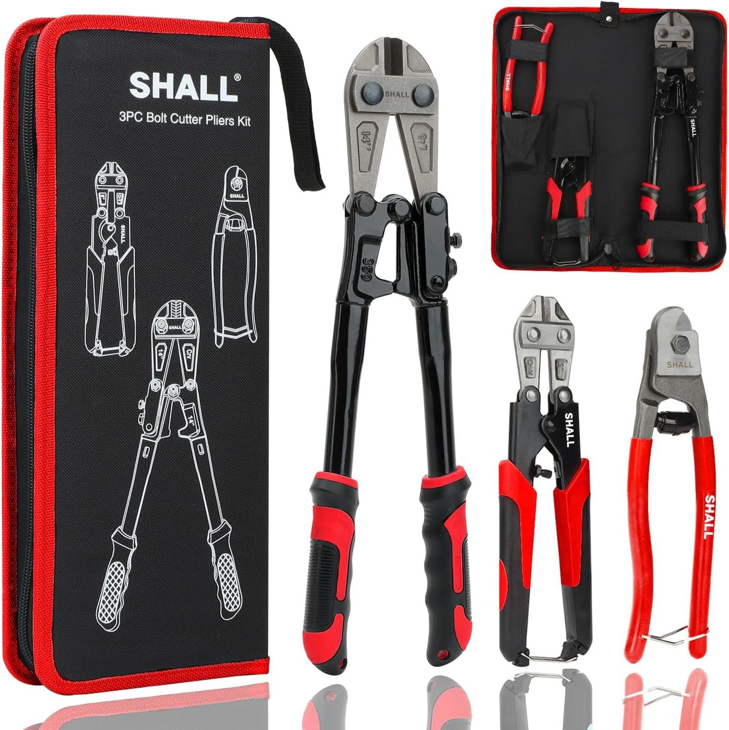SHALL 3-Piece Bolt Cutters, 14" Heavy Duty & 8" Mini, 8" Wire Rope Cutter, Ergonomic Handle, More Efficient Leverage for Cutting Locks, Chains, Iron Wire, Carrying Case Included