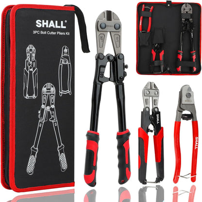 SHALL 3-Piece Bolt Cutters, 14" Heavy Duty & 8" Mini, 8" Wire Rope Cutter, Ergonomic Handle, More Efficient Leverage for Cutting Locks, Chains, Iron Wire, Carrying Case Included