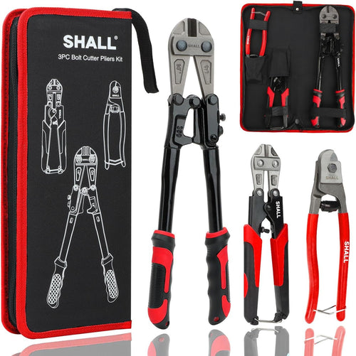 SHALL 3-Piece Bolt Cutters, 14" Heavy Duty & 8" Mini, 8" Wire Rope Cutter, Ergonomic Handle, More Efficient Leverage for Cutting Locks, Chains, Iron Wire, Carrying Case Included