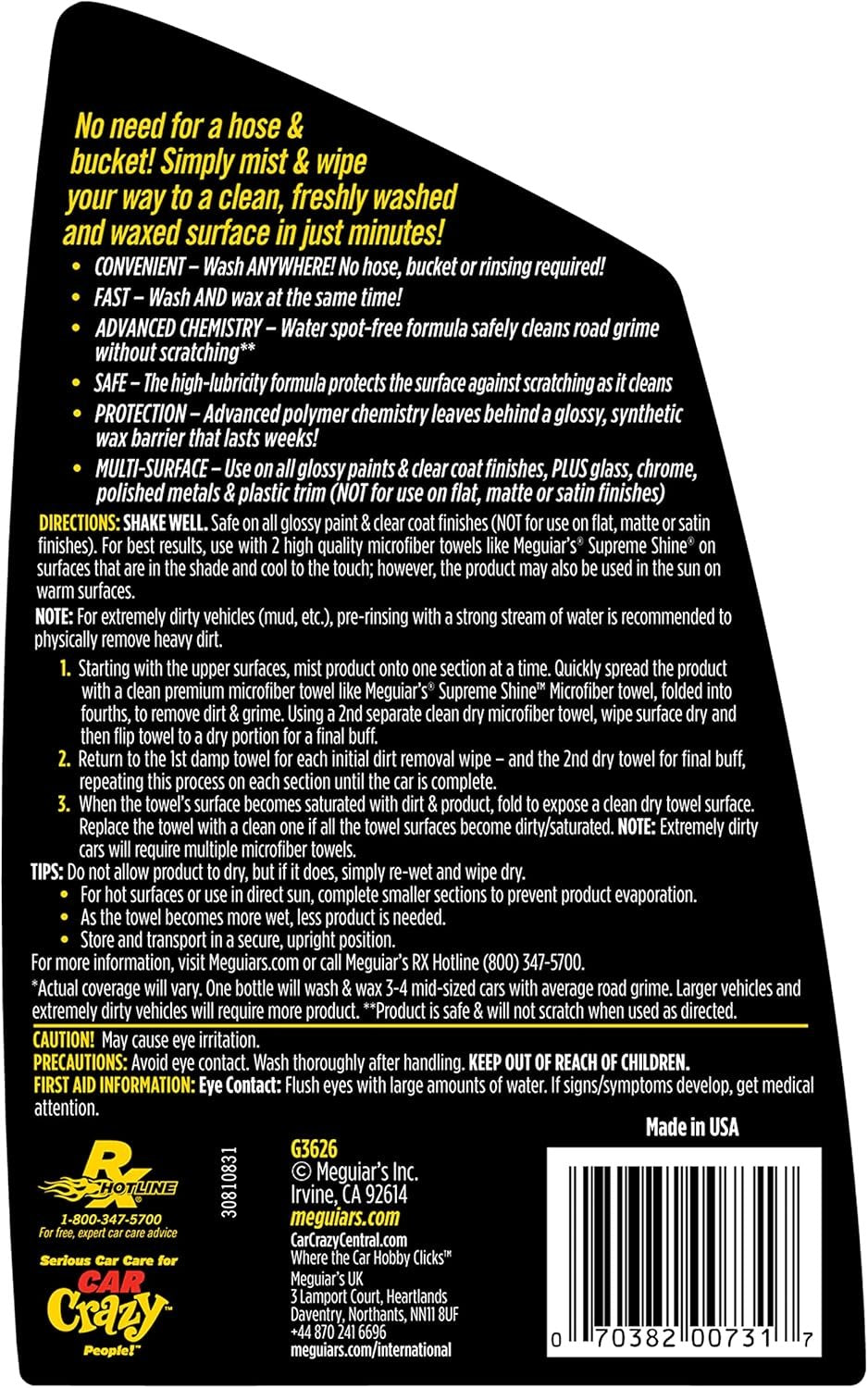 Meguiar's Ultimate Waterless Wash & Wax, Scratch-Free Waterless Car Cleaning Spray That Makes Detailing Quick and Easy, 2-in-1 Cleaner and Protection to Help Your Ride Shine, 26 Oz