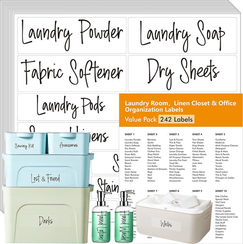 Hebayy 242 pcs Laundry Room, Linen Closet & Office Labels, 220 Pre-Printed Waterproof Oil&Tear Resistant Removable Stickers, 22 Blank Ones, No Residue for Home Office Craft Room Organization