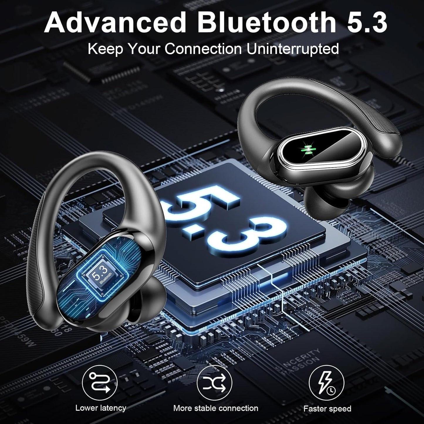 Wireless Earbuds, Bluetooth 5.3 Headphones Sport, Bluetooth Ear Buds with Noise Canceling Mics, 50H Stereo Wireless Headphones with EarHooks, LED Display, IP7 Waterproof Earphones for Running, Black