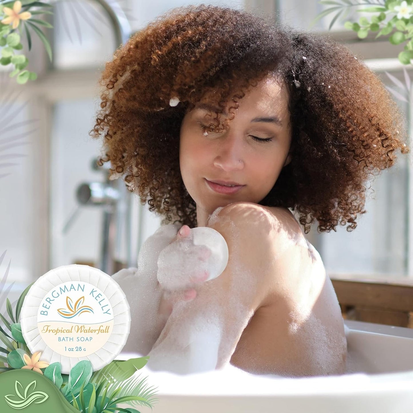 BERGMAN KELLY Hotel Toiletries Bundle - Tropical Waterfall, 1 oz each, 125 Pcs - 5-Piece Set: 25 Round Bar Soap, 25 Shampoo, 25 Conditioner, 25 Body Lotion & 25 Body Wash - Bulk Mini Guest Amenities
