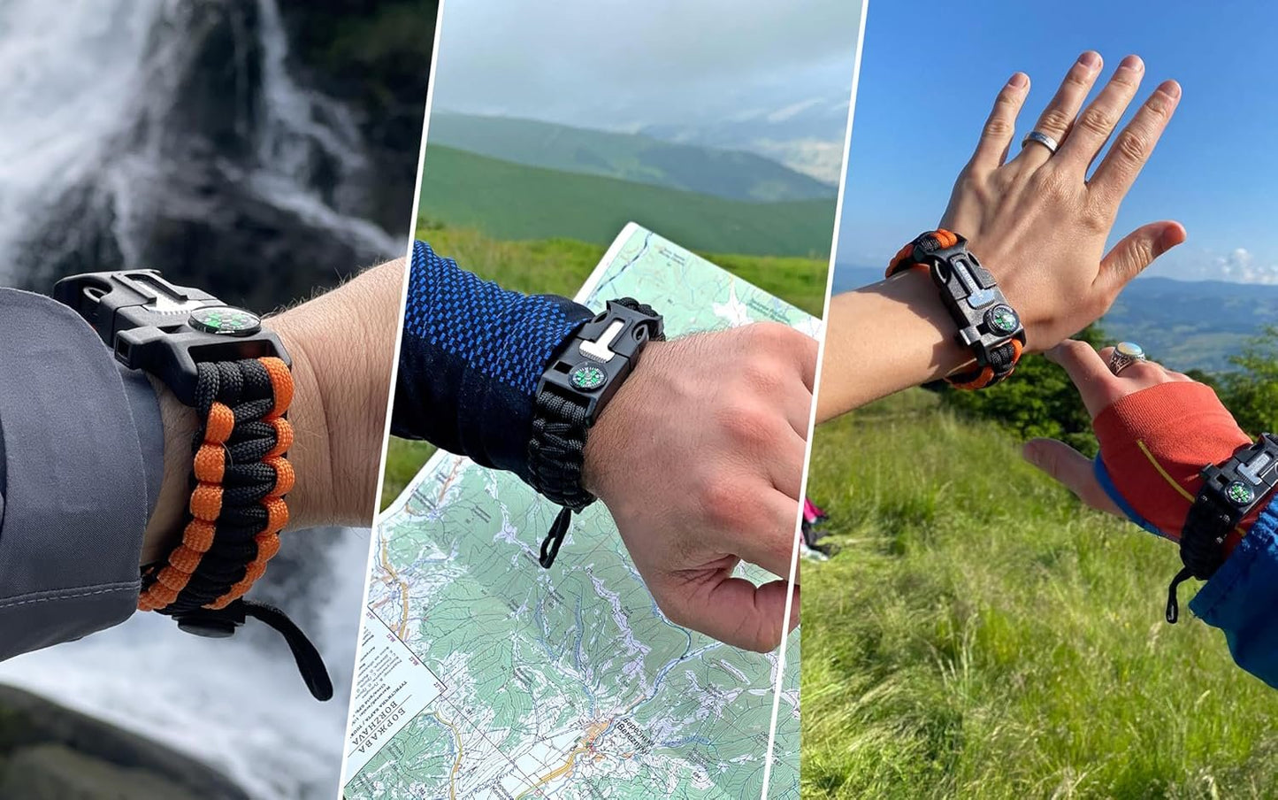 aZengear Paracord Survival Bracelets - Compass, Flint Fire Starter, Whistle, Adjustable Wrist Size - Camping, Hiking, Emergency Kit (Black & Orange, Pair)