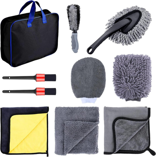 ZANZER 10Pcs Car Wash Kit with Storage: Washing and Detailing Mitts,Wheel Brush Set, Auto Cleaning Tools, Rim Cleaner, Detailing Brushes & Towel for Interior/Exterior Wheels/Dashboard/Air Vents
