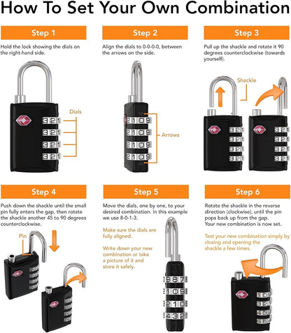 Desired Tools TSA Locks for Luggage, 2-Pc Durable Steel Padlock, Keyless Easy to Read 4-Digit Combination Lock for Backpacks, Travel Suitcases, Toolbox, Filing Cabinets, Baggage & Gym Locker, Red/Blue