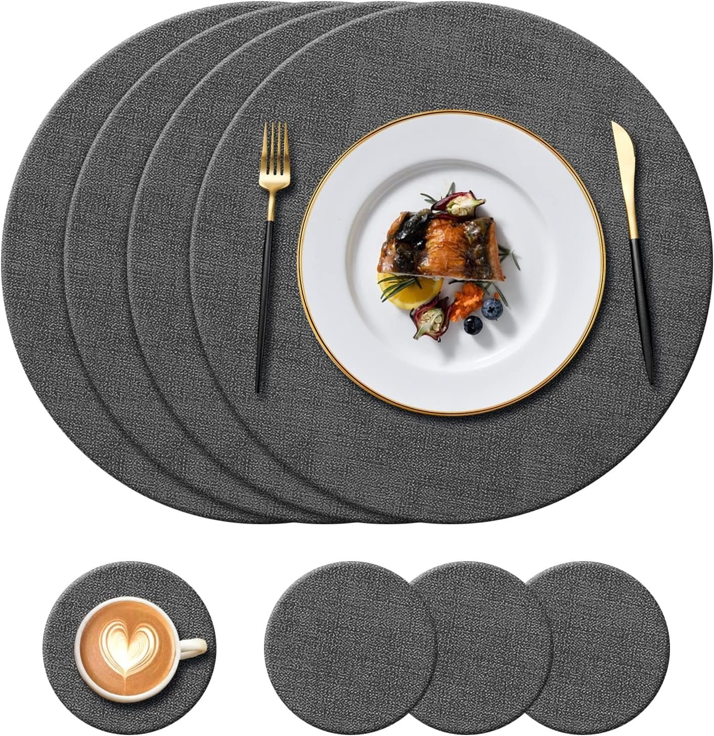 KERYCHIN Set of 4 Round Leather Placemats + 4 Coasters, Heat Resistant 100℃, Non-Slip Washable Decorative Accessories for Home, Hotel, Indoor, Dining Table, Black