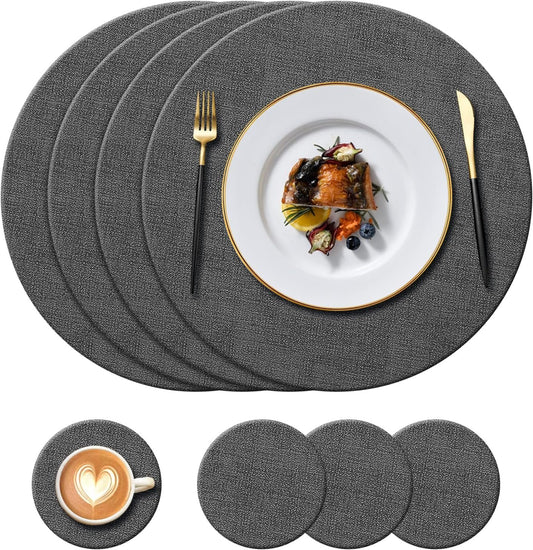 KERYCHIN Set of 4 Round Leather Placemats + 4 Coasters, Heat Resistant 100℃, Non-Slip Washable Decorative Accessories for Home, Hotel, Indoor, Dining Table, Black