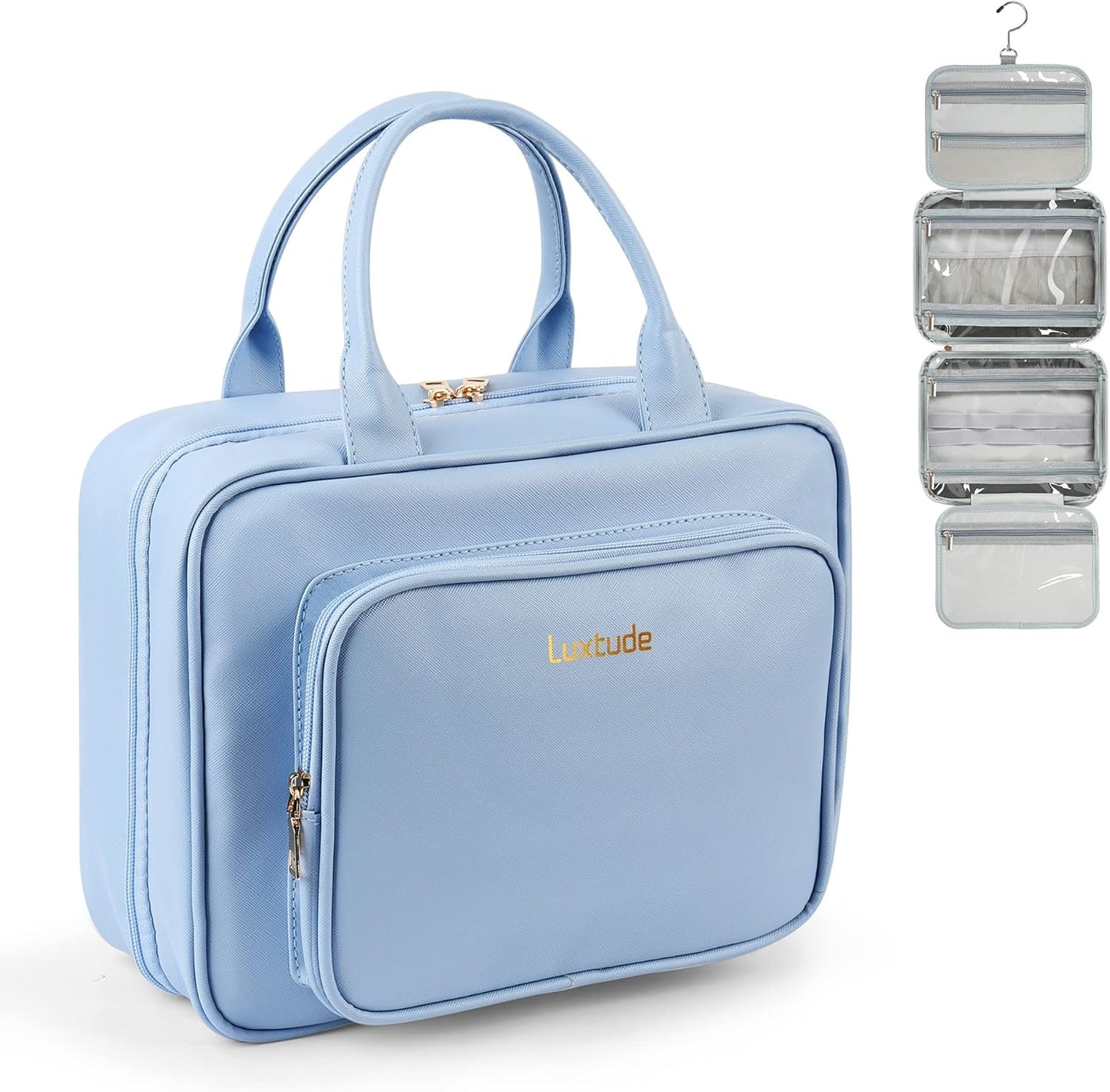 Luxtude Waterproof Leather Toiletry Bag for Women, Hanging Travel Toiletry Bag with 360°Hanging Hook, Large Travel Cosmetic Organizer for Toiletries, Bathroom Shower, Makeup Accessories etc.