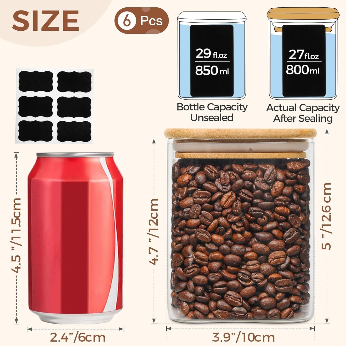 ComSaf Glass Food Storage Jars Set of 6, 27oz/800ml Clear Containers with Airtight Bamboo Lid, Pantry Organization Jar, Spice, Blooming Tea, Coffee and Sugar Container, Canister for Kitchen Square