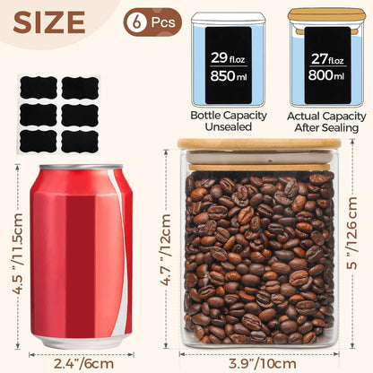 ComSaf Glass Food Storage Jars Set of 6, 27oz/800ml Clear Containers with Airtight Bamboo Lid, Pantry Organization Jar, Spice, Blooming Tea, Coffee and Sugar Container, Canister for Kitchen Square