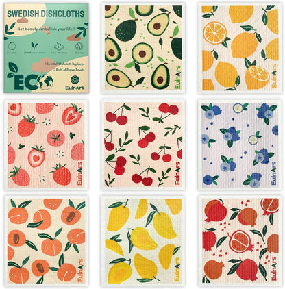Eulnars Swedish Dish Cloth, 8 Pack Fruit Swedish Dishcloths for Kitchen, Reusable Paper Towels Washable, Biodegradable, Non-Scratch Cellulose Sponge Cloths, No Odor