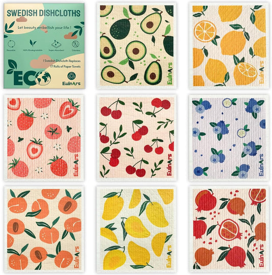 Eulnars Swedish Dish Cloth, 8 Pack Fruit Swedish Dishcloths for Kitchen, Reusable Paper Towels Washable, Biodegradable, Non-Scratch Cellulose Sponge Cloths, No Odor