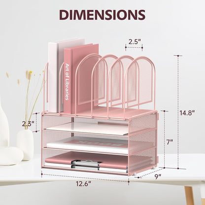 DALTACK Paper Desk Organizer, 3-Tier Letter Tray with 5 Vertical File Holders, Multifunction Desk Organizer, Desktop File Folder Organizer, Desk Organizers and Accessories for Home Office, Pink