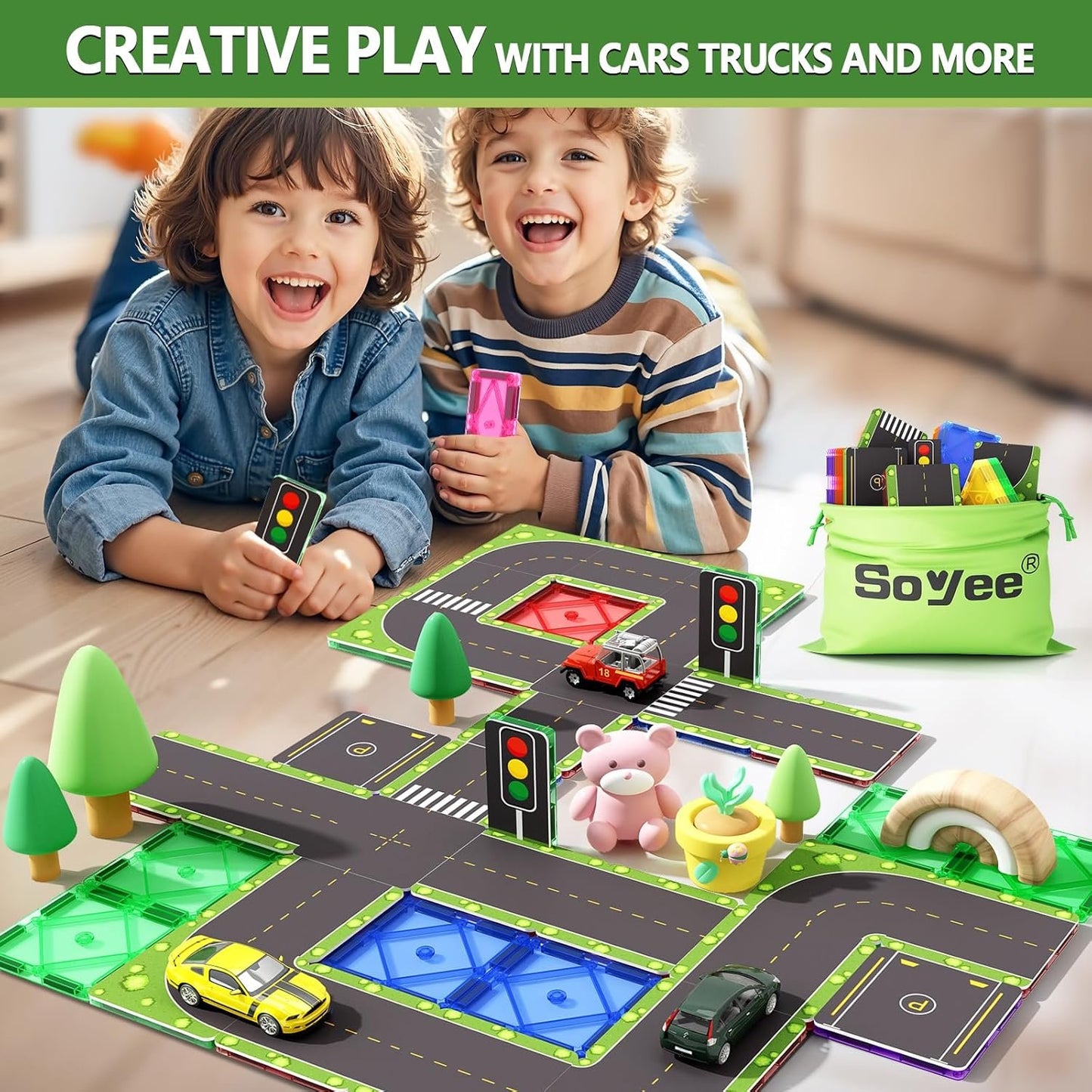 56PCS Magnetic Tiles Road Toppers Set Building Toys for 3 Year Old Boys and Girls Playing with Car Toys Preschool Learning Activities Gift for 3 4 5 6 Year Old Toddlers Kids