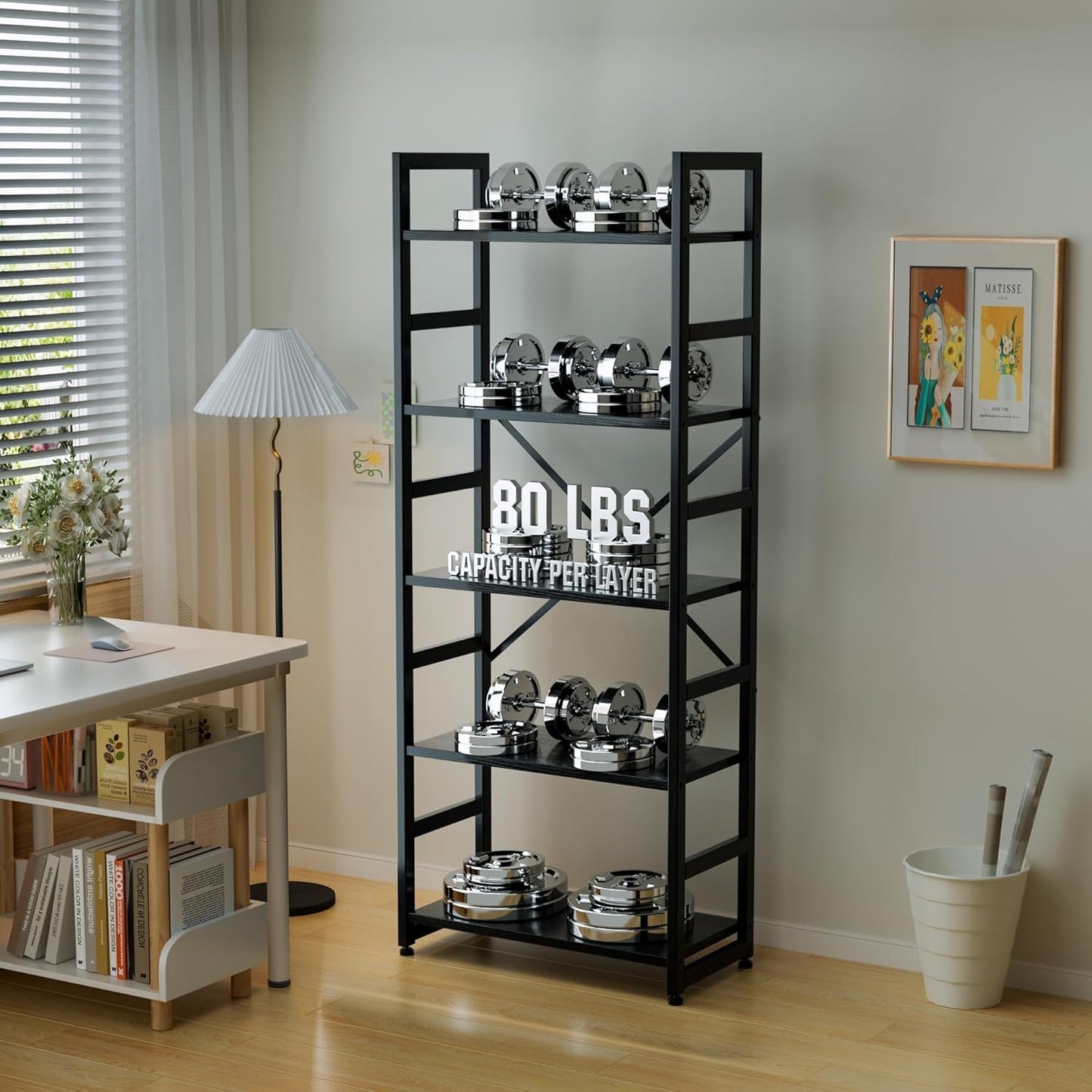 Leadiy Industrial Bookshelf,5-Tier Rustic Black Book Shelves,24”Storage Rack with Metal Frame，Standing Wood Bookcase, Display and Book Organization in Living Room,Bedroom 24 * 11.8 * 63 inch(Black