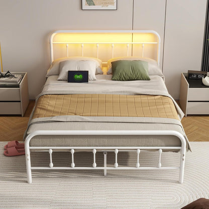 Maliacife Metal Bed Frame Double,Full Size Bed Frames with Charging Station and LED Headboard,Metal Platform Bed with Under Bed Storage, No Box Spring Needed, Noise Free,Easy Assembly,White