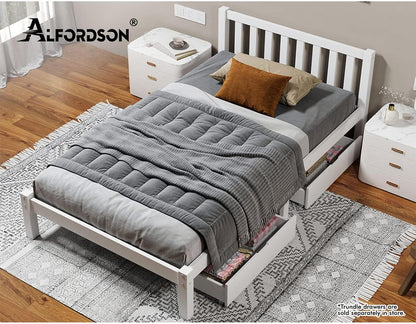 ALFORDSON Bed Frame Single Size Wooden Bed Base with Solid Wood Pine Timber Slats, Mattress Base Platform Support, White Bed Foundation with Storage Space, Fenella Series Home Bedroom Furniture