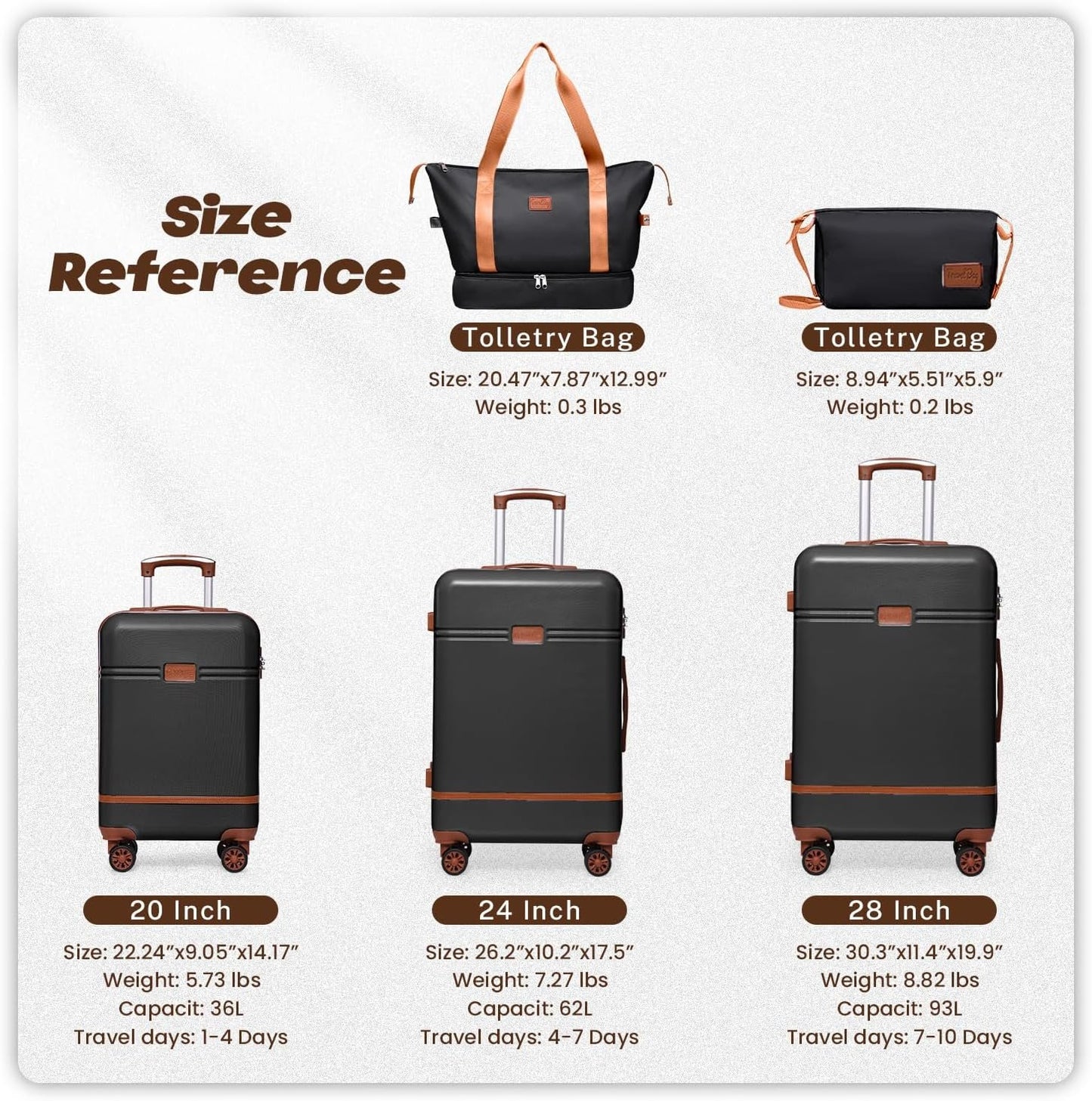 Krute Carry on Luggage PC+ABS Luggage TSA Lock Lightweight Hardshell Suitcase with Wheels 20 Inch (Black-Brown)
