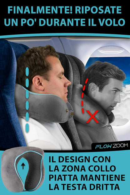 FLOWZOOM Comfy Airplane Car Memory Foam Travel Pillow - Adjustable Neck Pillow with 360° Support, Washable Velvety Cover and Mesh Carry Bag - Grey