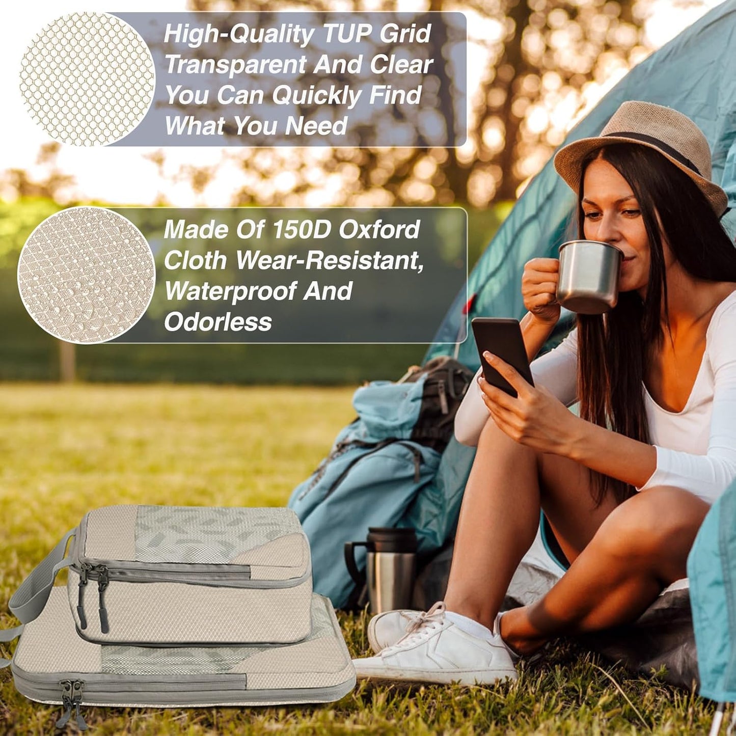 WUFANC 4 Pieces Space-Saving Suitcase Organizer, Packing Cubes Compression Waterproof and Easy to Store, Breathable with Durable Visible Mesh and Space-Saving Travel Organizer (Beige)