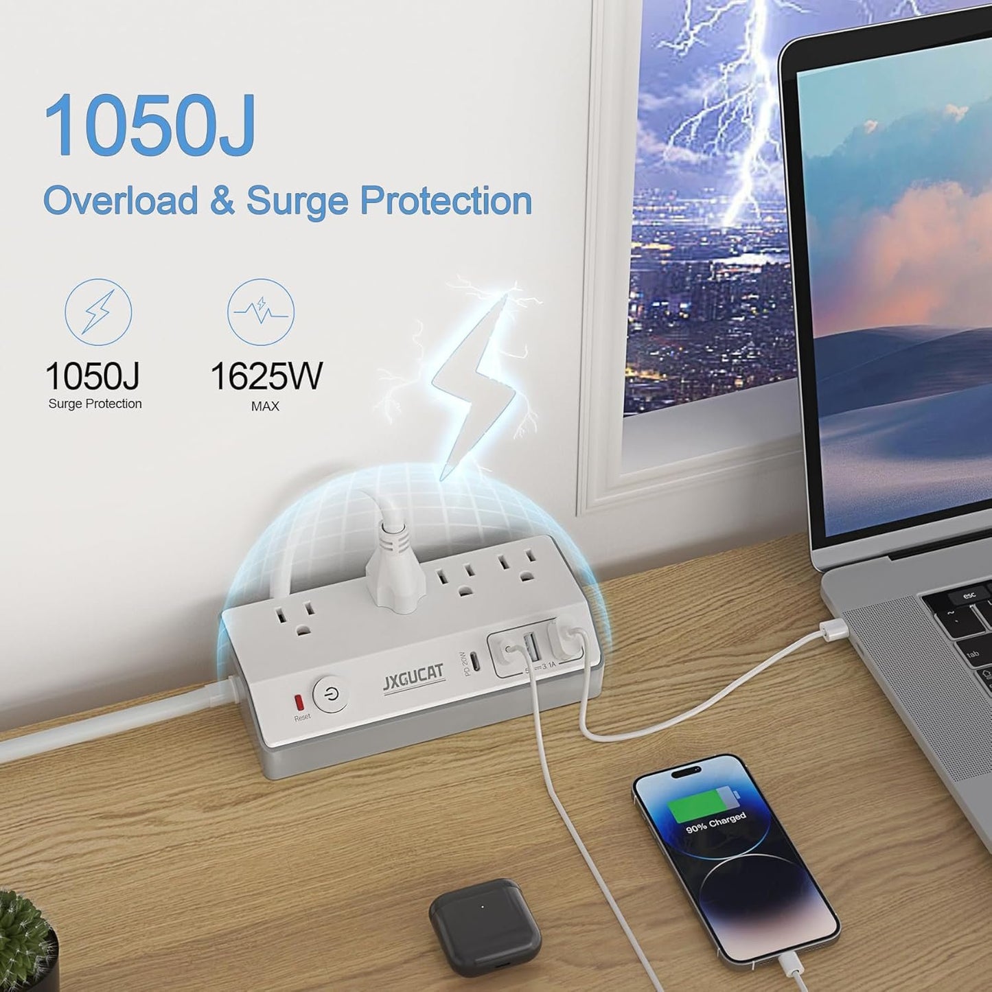 PD 20W USB C Desk Clamp Power Bar, JXGUCAT Removable Fast Charging Desktop Edge Power Strip Surge Protector, 10ft Extension Cord Flat Plug with 4 Outlet 4 USB Ports, Fit 1.8" Tabletop Edge