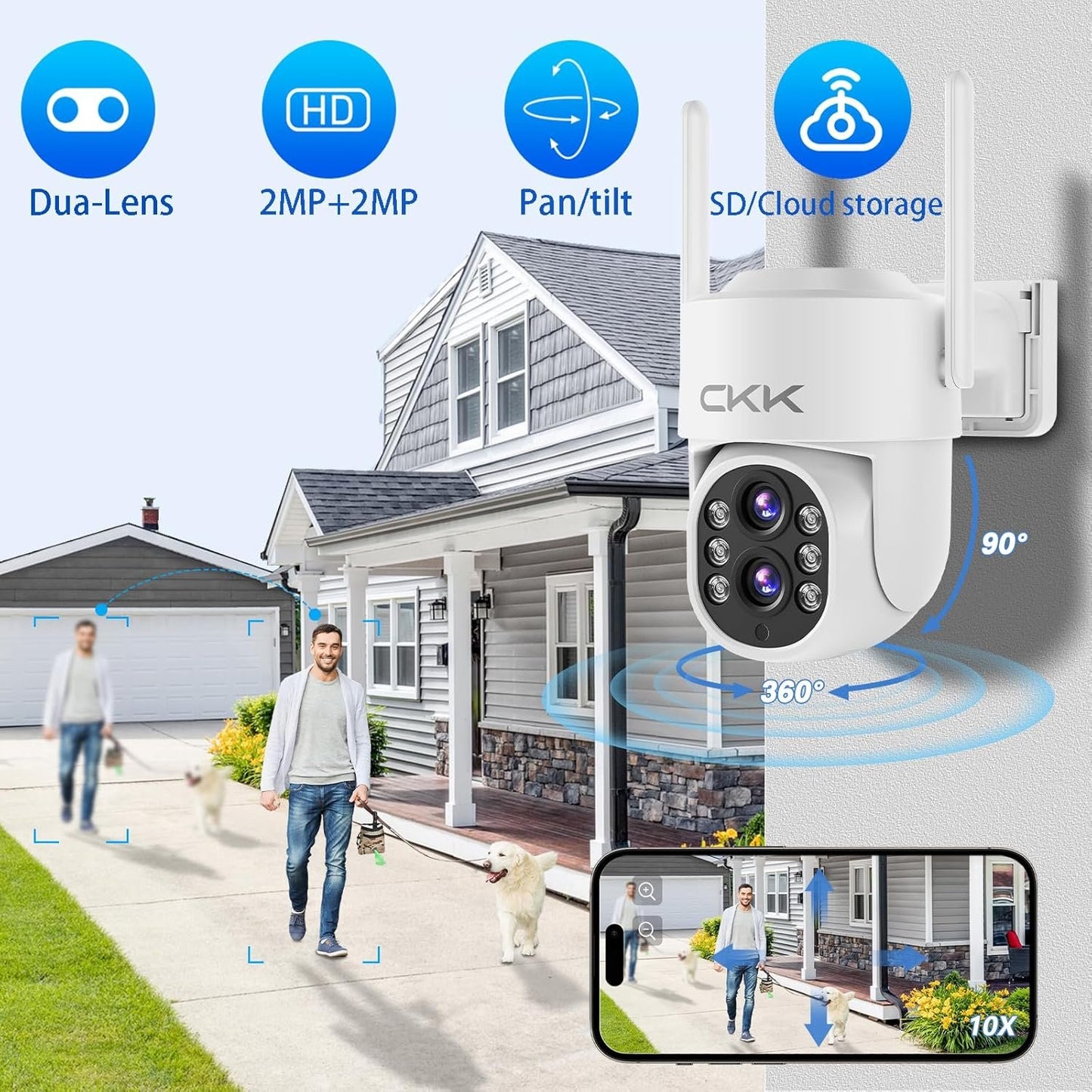 【Dual Wi-Fi,2MP+2MP Dual Lens】 2K Security Camera System with Dual Lens Outdoor, with 10" LCD Monitor, 4 Pcs Dual Band WiFi PTZ Cameras, Two-Way Audio, AI Motion Detection, Color Night Vision,1TB HDD