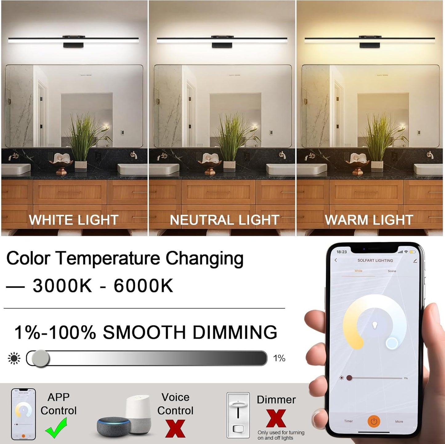 SOLFART 47.2 Inch Adjustable Color Temperature Dimmable LED Bathroom Light Fixtures Matte Black Vanity Lights LED Lights for Bathroom Black Light Bar Modern APP Control Lighting Fixture