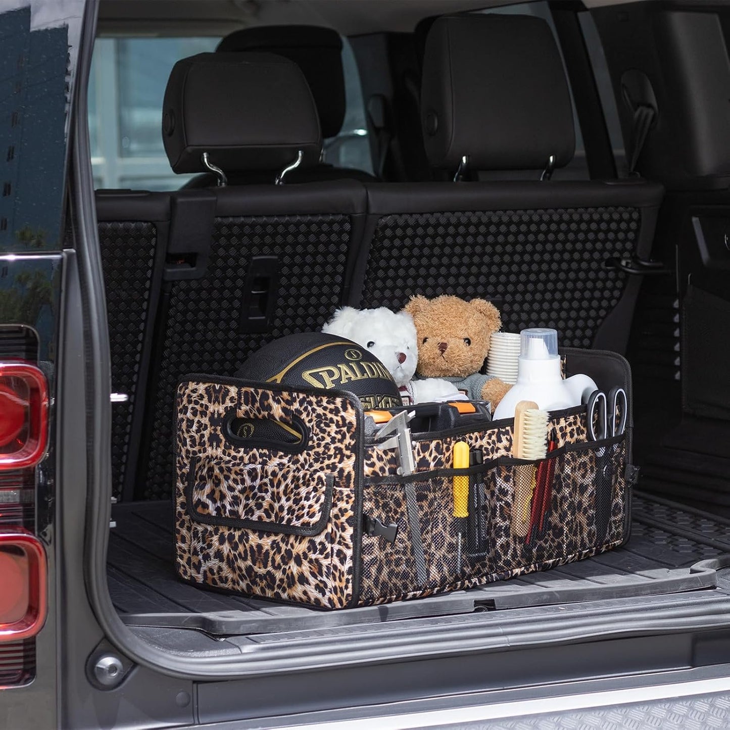 JiatuA Car Trunk Organizer, Car Organizers and Storage Collapsible Multi Compartment Container Box, Adjustable Car Accessories for SUV Sedan Truck, Standard Size, Leopard print