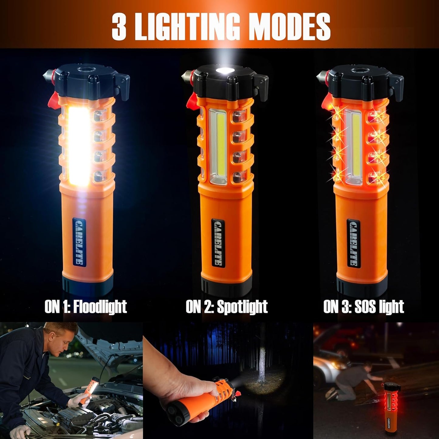 Emergency Car Flashlight with Seatbelt Cutter and Window Breaker, LED Work Light & Flash Beacon, Life-Saving Car Escape Tool for Roadside Safety (Orange)