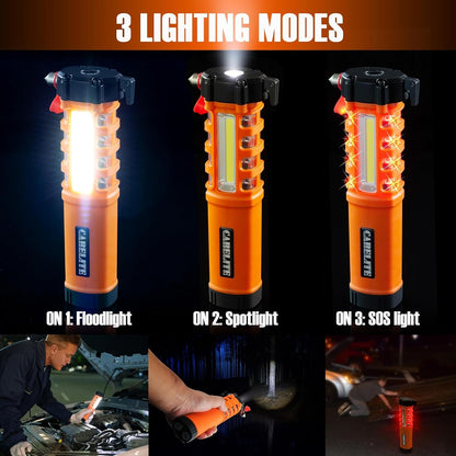Emergency Car Flashlight with Seatbelt Cutter and Window Breaker, LED Work Light & Flash Beacon, Life-Saving Car Escape Tool for Roadside Safety (Orange)